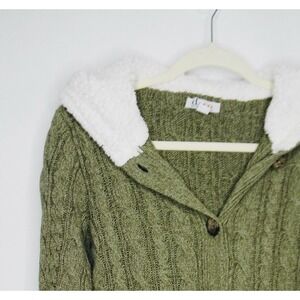 Denim & Co D & Co. Sherpa Lined Hood Cable Knit Cardigan Green Moss M Medium EUC